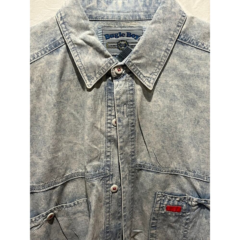 Vintage 80s Bugle Boy Shirt Acid Wash Mens Short Sleeve Button Down Sz M Retro - Picture 3 of 6
